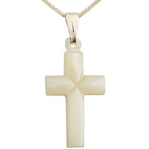 Plain cross pendant made of mother of pearl, suspended from a silver chain.