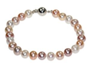 Bracelet made of natural color pearls in various shades including pink, white, and lavender.