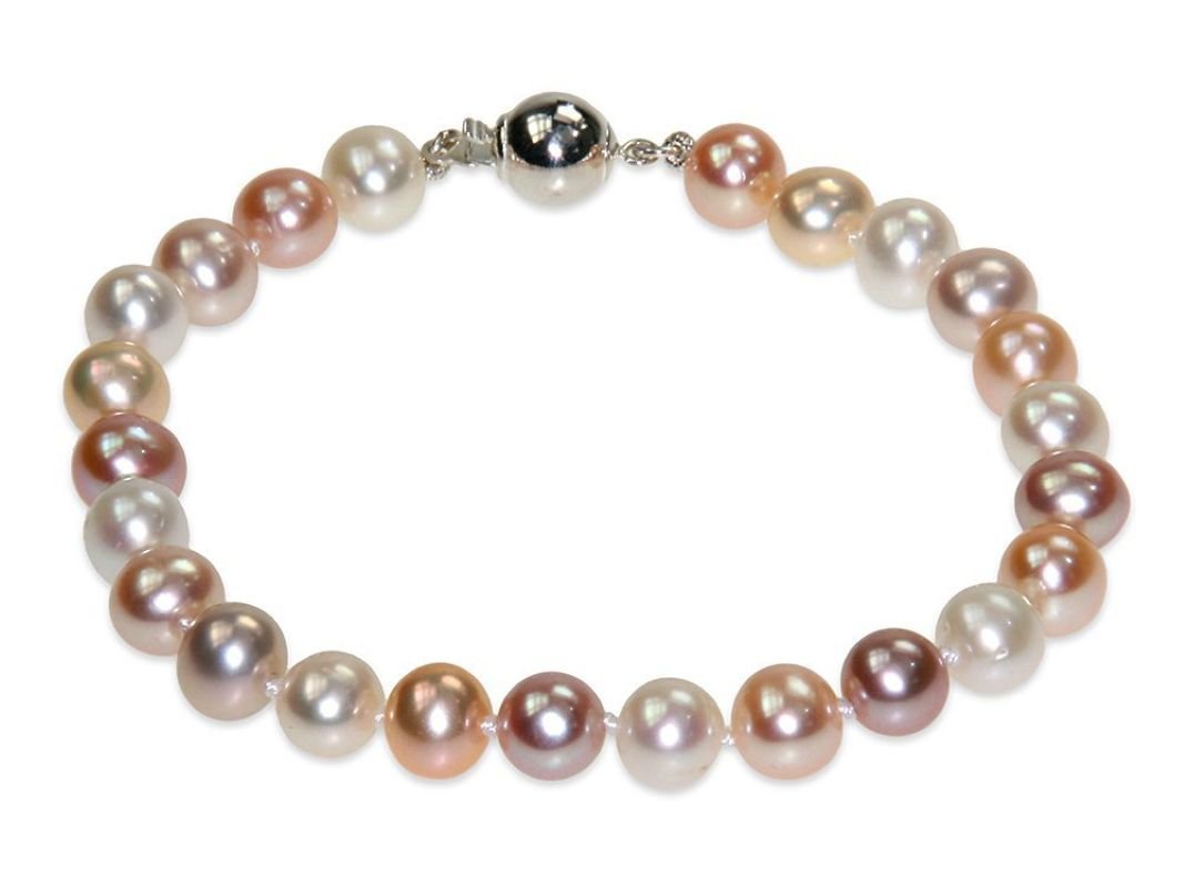 Bracelet made of natural color pearls in various shades including pink, white, and lavender.