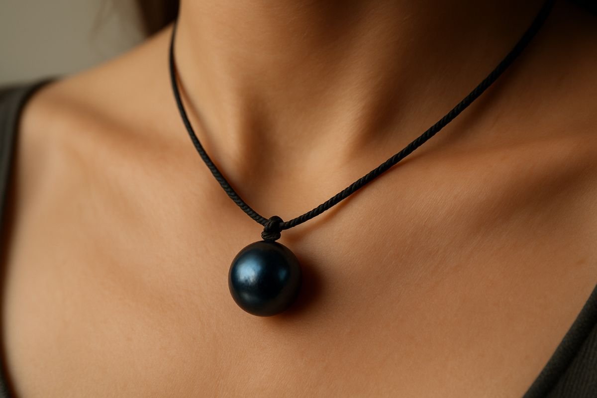 Black pearl pendant on a black cord necklace worn around the neck, showcasing the pearl's luster and smooth surface.