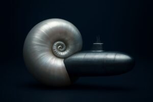 A stylized nautilus shell combined with a sleek, metallic submarine design, showcasing a blend of natural and industrial elements.