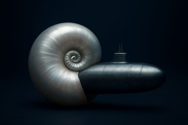 A stylized nautilus shell combined with a sleek, metallic submarine design, showcasing a blend of natural and industrial elements.
