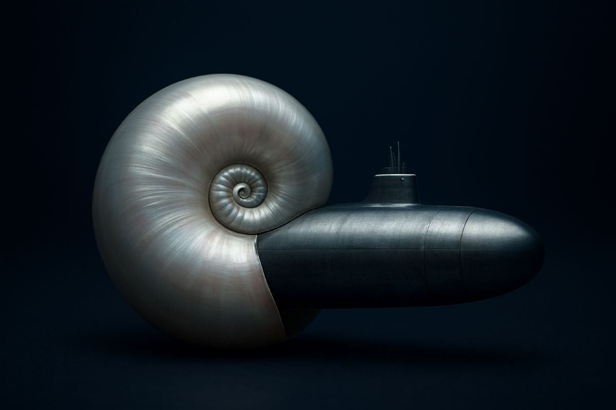 A stylized nautilus shell combined with a sleek, metallic submarine design, showcasing a blend of natural and industrial elements.