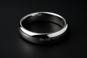 Rhodium ring with a polished surface and engraved 'Rh 45' on the side, displayed against a dark background.