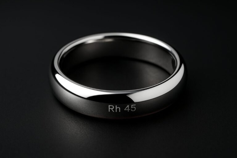 Rhodium ring with a polished surface and engraved 'Rh 45' on the side, displayed against a dark background.