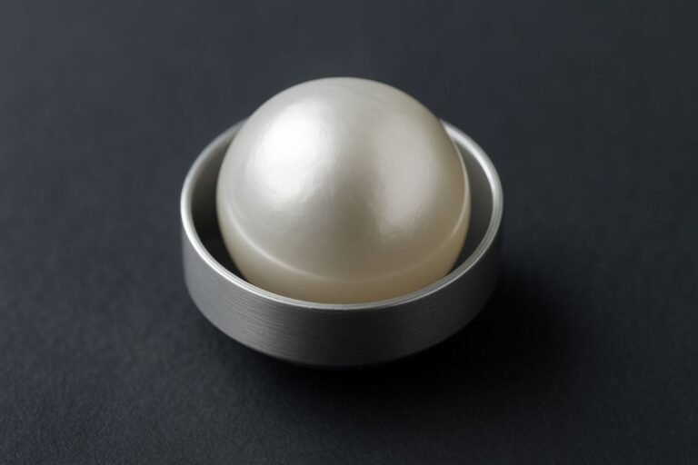 A round, lustrous South Sea pearl placed in a metal setting, showcasing its smooth surface and natural sheen.