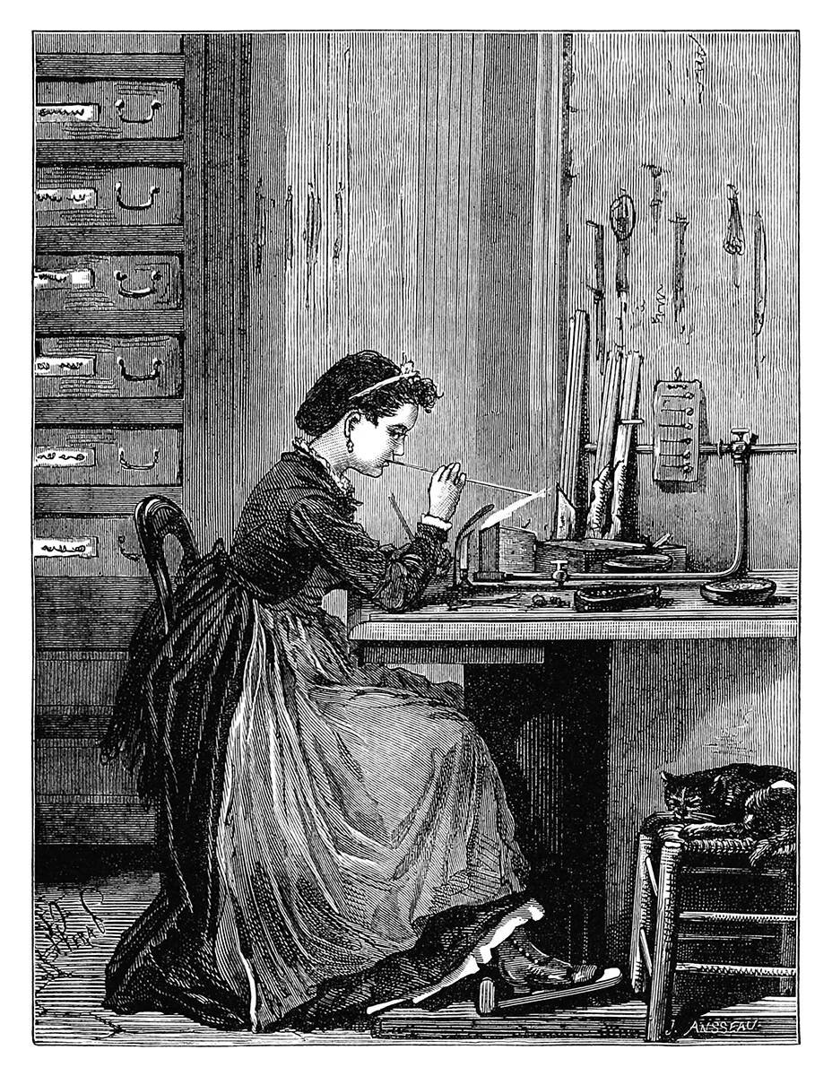 A woman in 19th-century attire sitting at a desk, focused on her work with tools and materials, while a cat rests nearby.