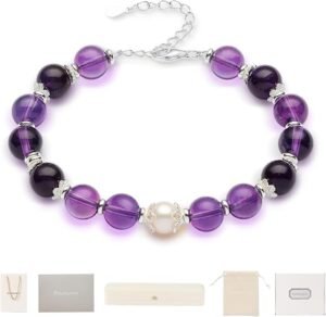 Amethyst bracelet gift set for women featuring purple beads and a central pearl, accompanied by various packaging options.