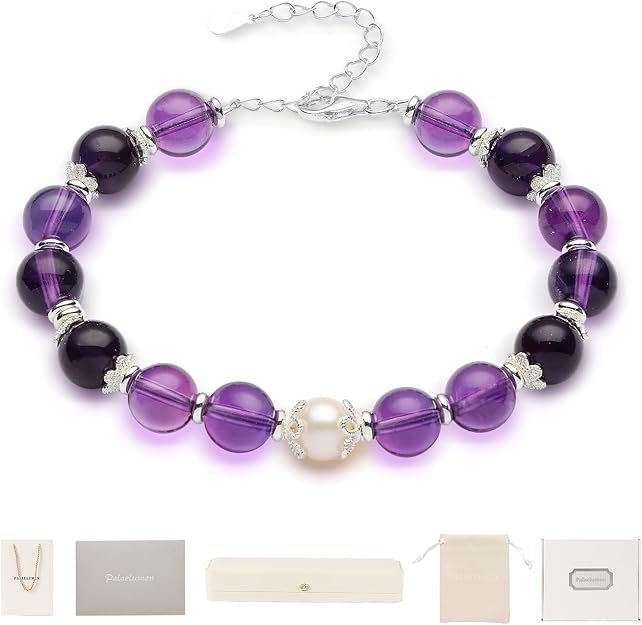 Amethyst bracelet gift set for women featuring purple beads and a central pearl, accompanied by various packaging options.