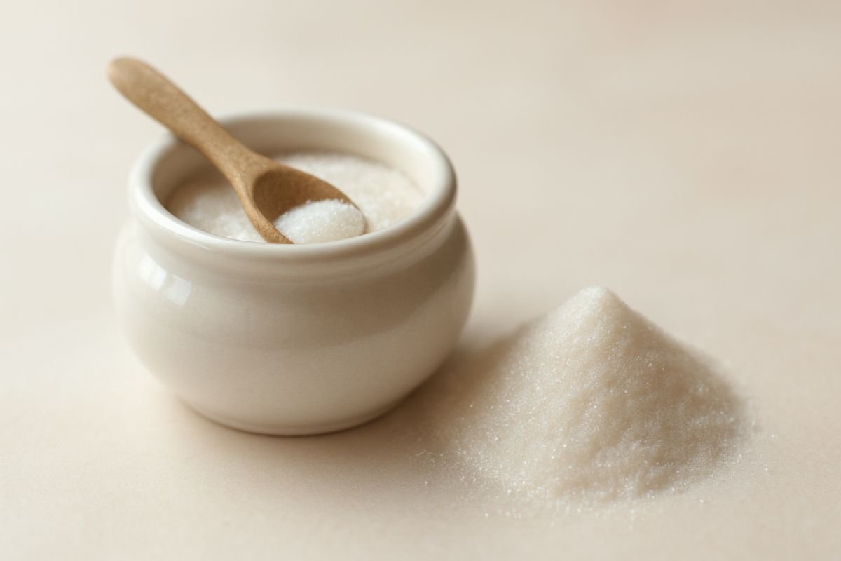 Small white ceramic bowl containing granulated sugar with a wooden spoon resting inside and a mound of sugar beside it.