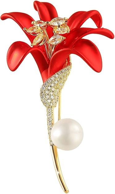 Red rose flower brooch with gold accents and a pearl detail, adorned with sparkling gemstones.