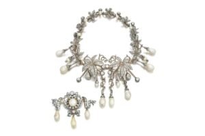 Ornate natural pearl and diamond tiara tied to Princess Kunigunde of Saxony, with silver-toned filigree, draped drops, and luminous pearls.