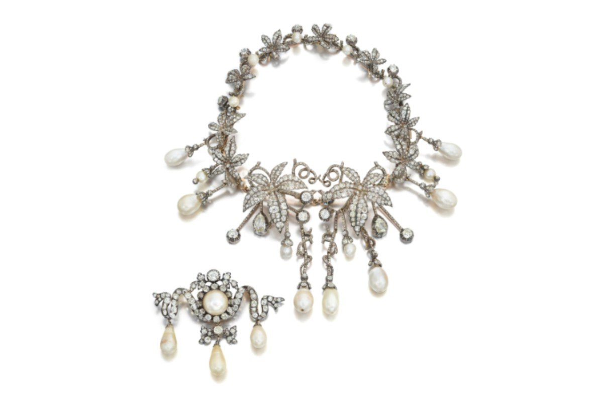 Ornate natural pearl and diamond tiara tied to Princess Kunigunde of Saxony, with silver-toned filigree, draped drops, and luminous pearls.