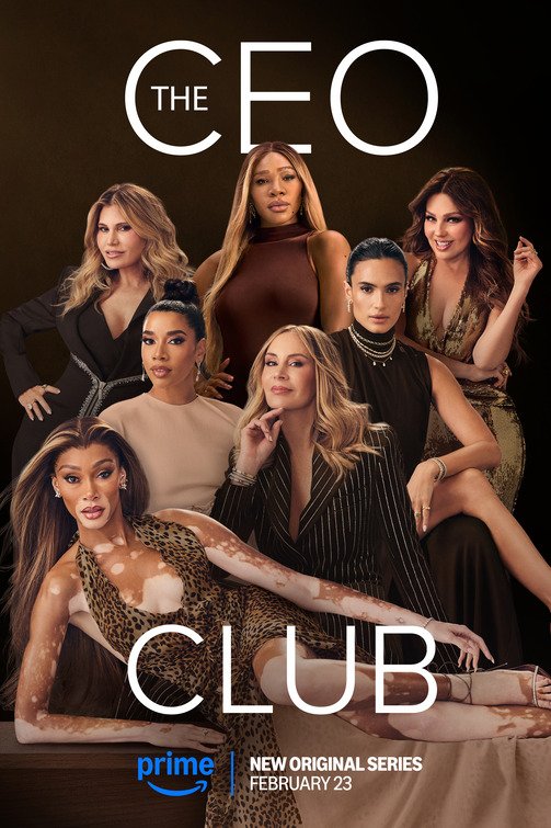 CEO Club poster with seven women in glamorous black and gold outfits, including leopard-print dresses, posed against a dark studio background with pearl jewelry.