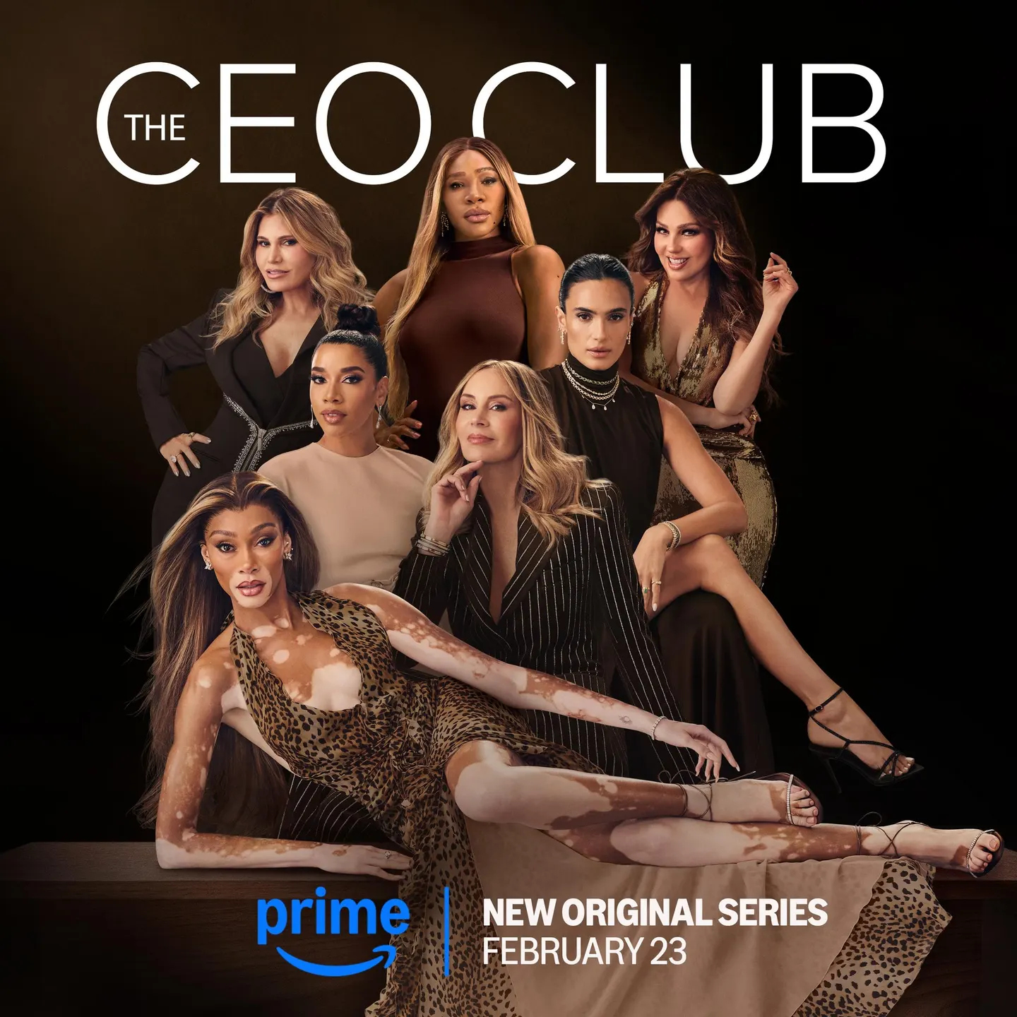 Amazon Prime “The CEO Club” poster with bold “NEW ORIGINAL SERIES” and “FEBRUARY 23” text above a group in sleek, elegant evening looks